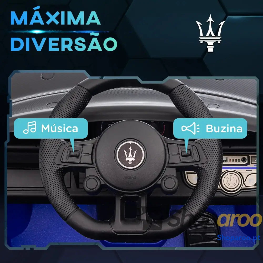 Carro Elétrico para Crianças Maserati GT2 12V com Controlo Remoto Faróis LED Buzina E Música 115x60x45 cm