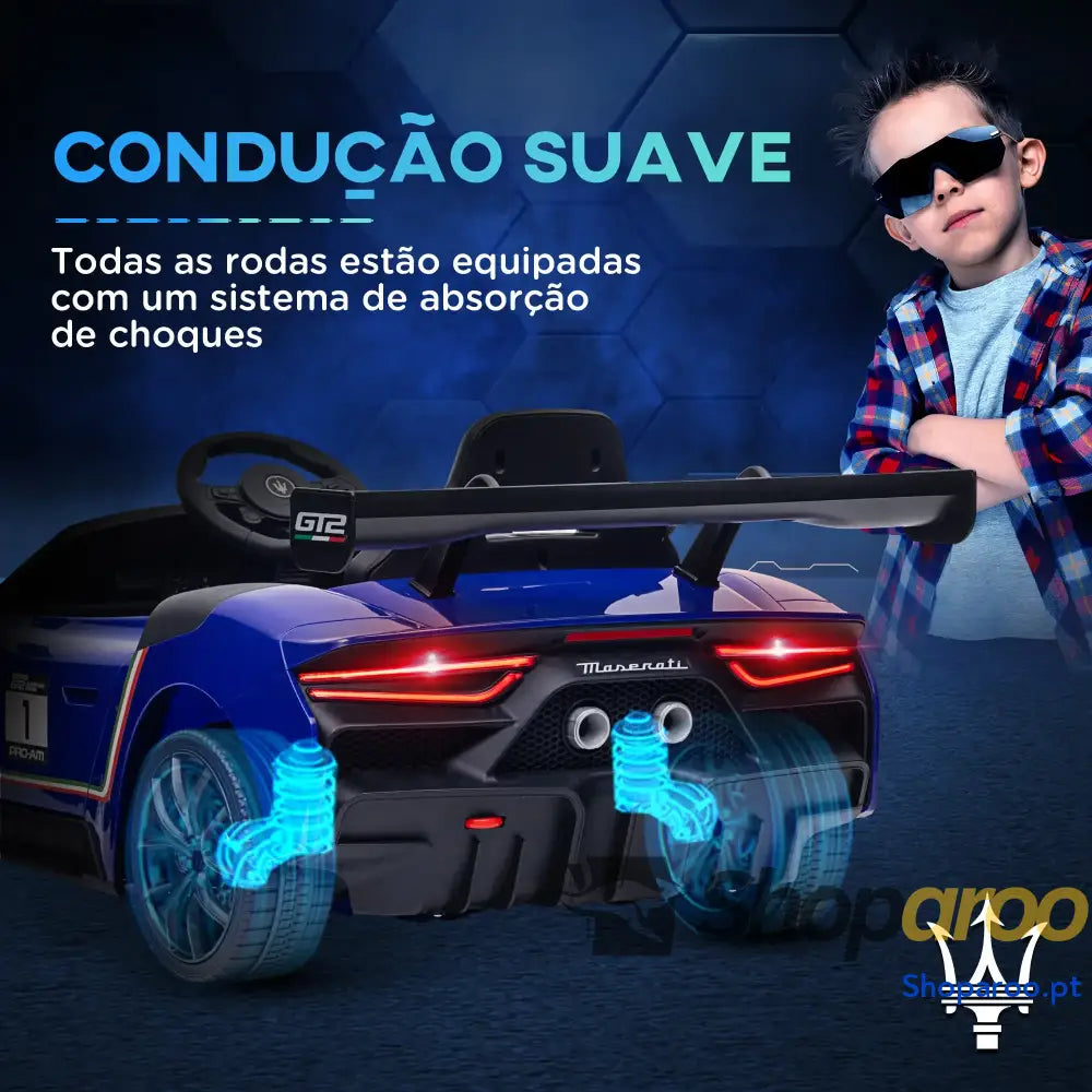 Carro Elétrico para Crianças Maserati GT2 12V com Controlo Remoto Faróis LED Buzina E Música 115x60x45 cm
