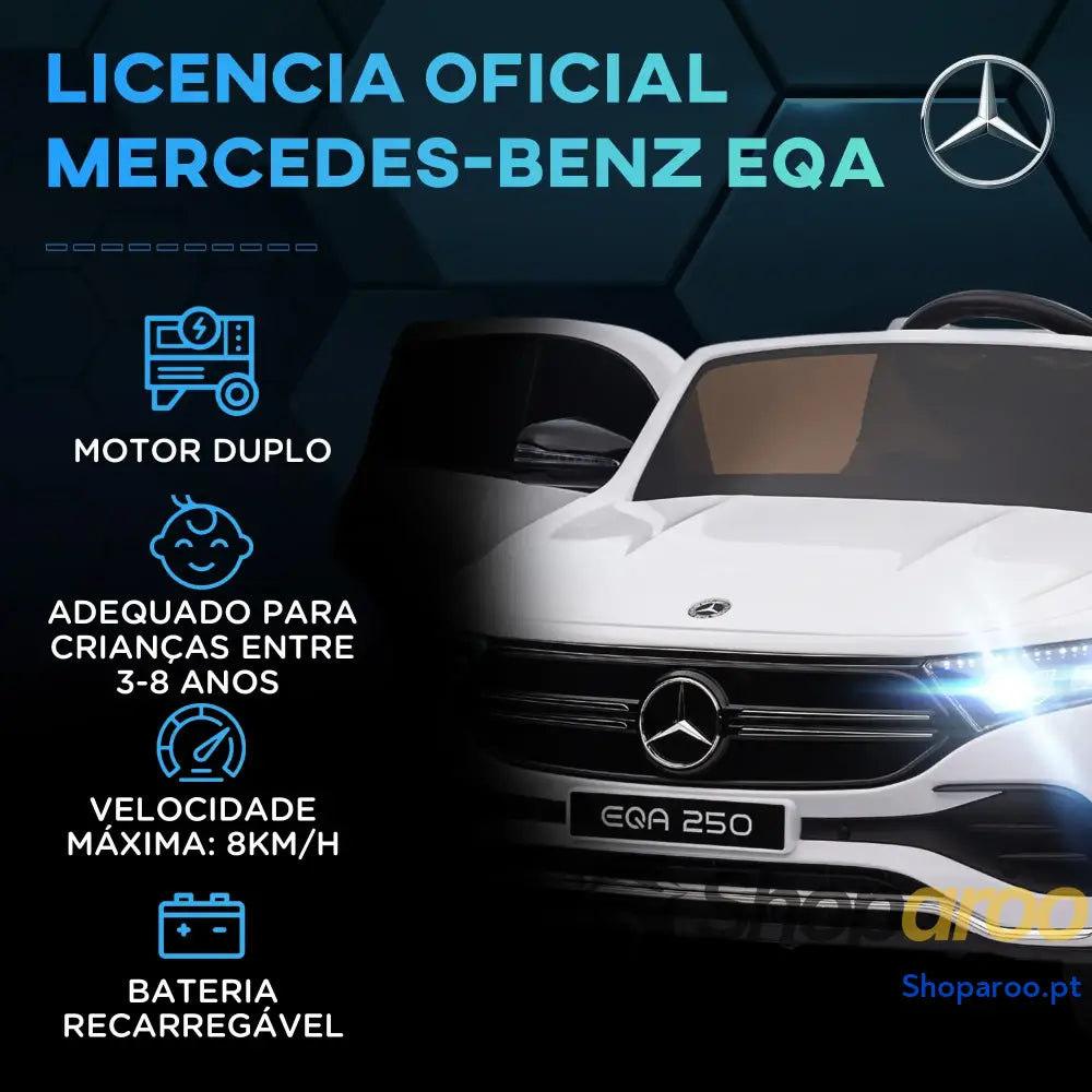 Carro Elétrico para Crianças Mercedes-Benz EQA 12V com Música Buzina Velocidade 3-8 km/h 111,5x69x52,5 cm Branco