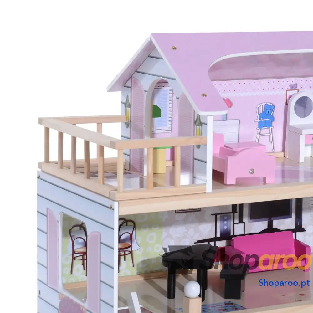Casa de Bonecas com Móveis 4 Andares e 13 Acessórios Rosa