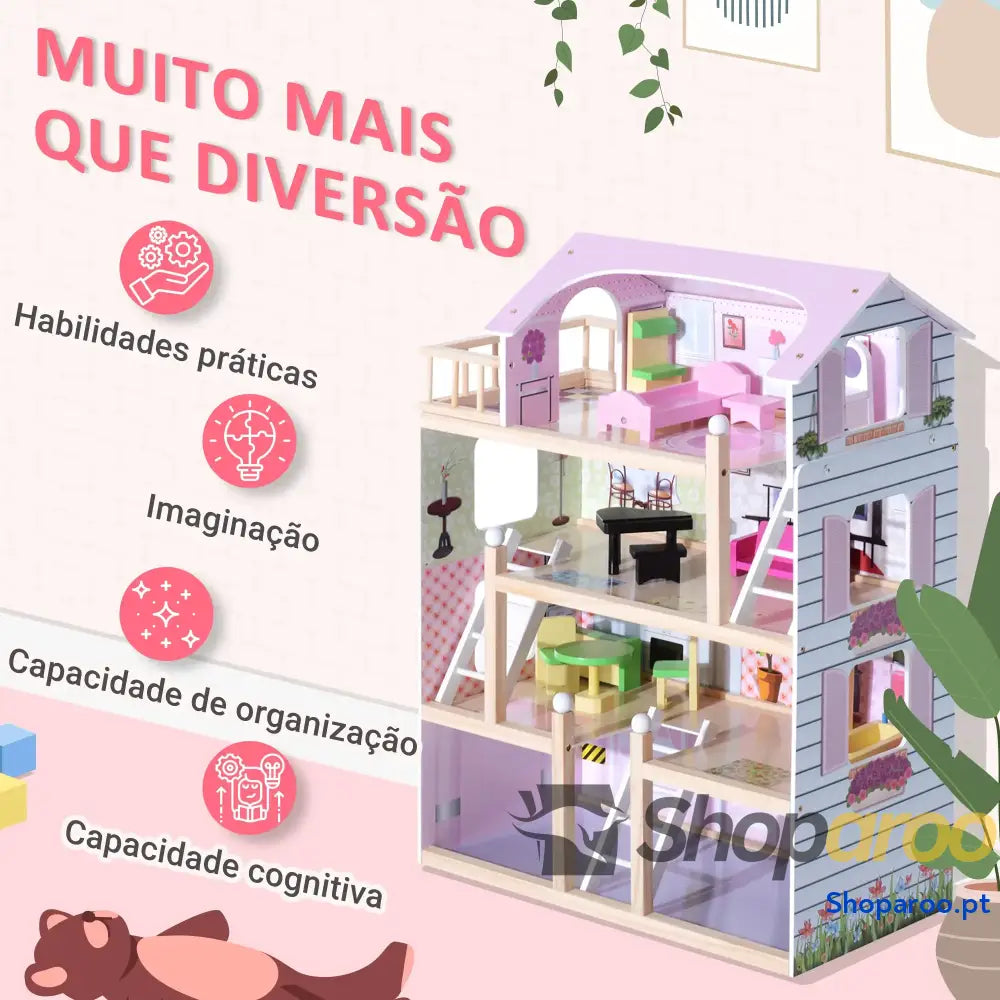 Casa de Bonecas com Móveis 4 Andares e 13 Acessórios Rosa
