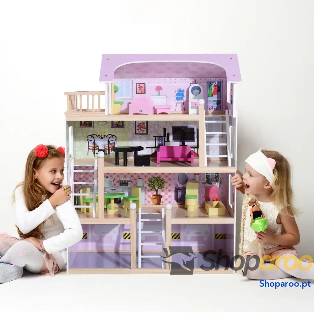 Casa de Bonecas com Móveis 4 Andares e 13 Acessórios Rosa