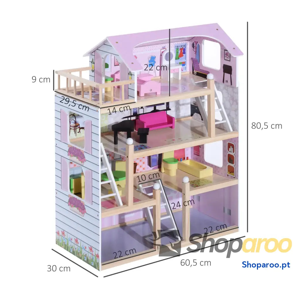 Casa de Bonecas com Móveis 4 Andares e 13 Acessórios Rosa