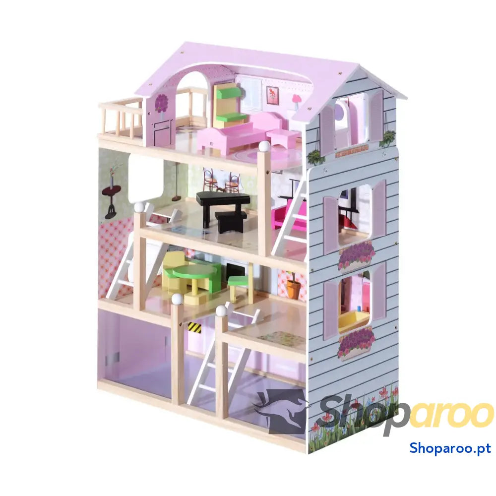Casa de Bonecas com Móveis 4 Andares e 13 Acessórios Rosa