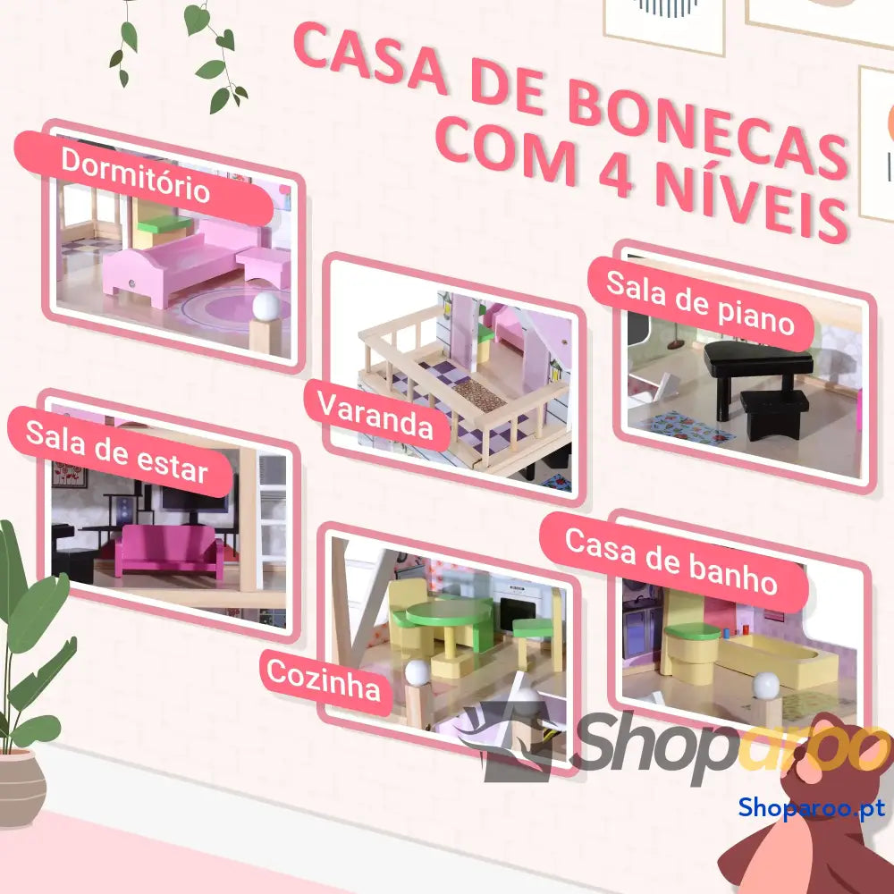 Casa de Bonecas com Móveis 4 Andares e 13 Acessórios Rosa