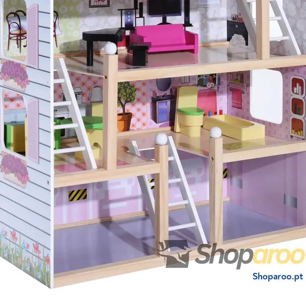 Casa de Bonecas com Móveis 4 Andares e 13 Acessórios Rosa