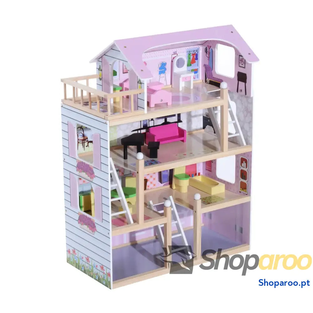 Casa de Bonecas com Móveis 4 Andares e 13 Acessórios Rosa