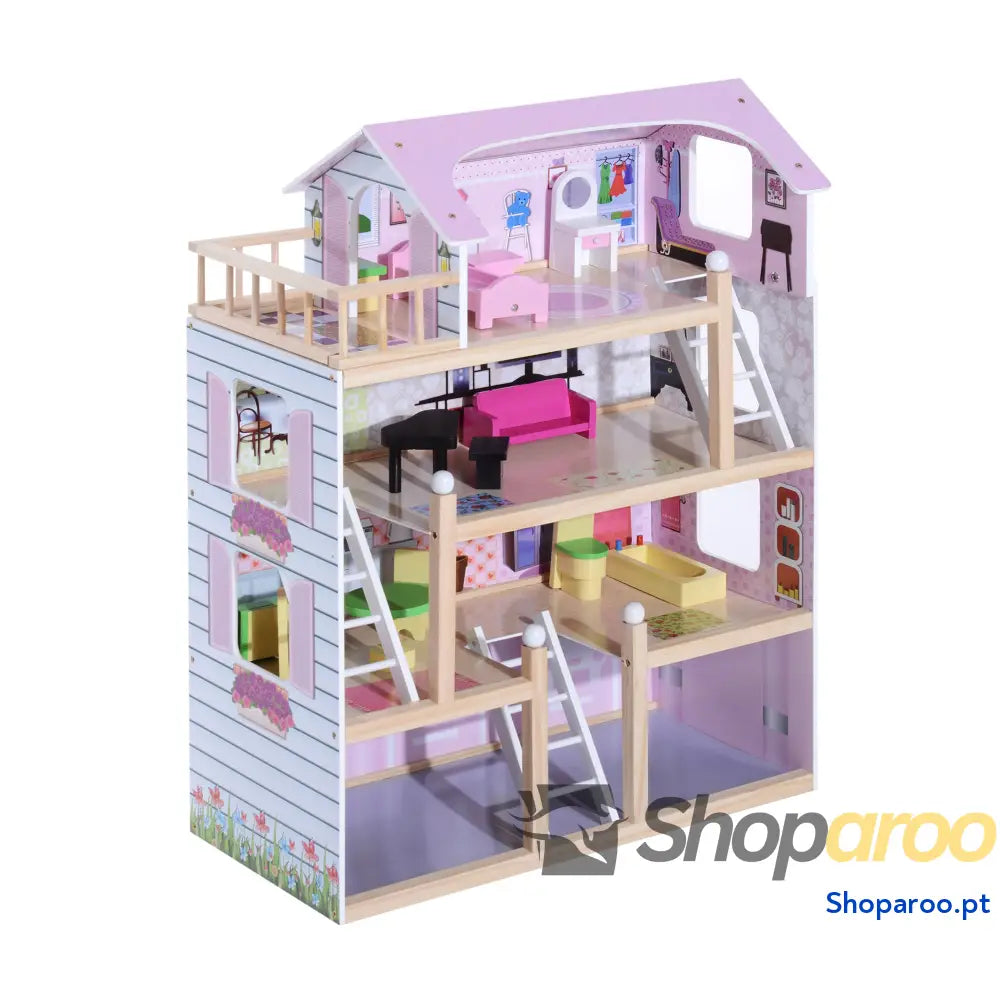 Casa de Bonecas com Móveis 4 Andares e 13 Acessórios Rosa