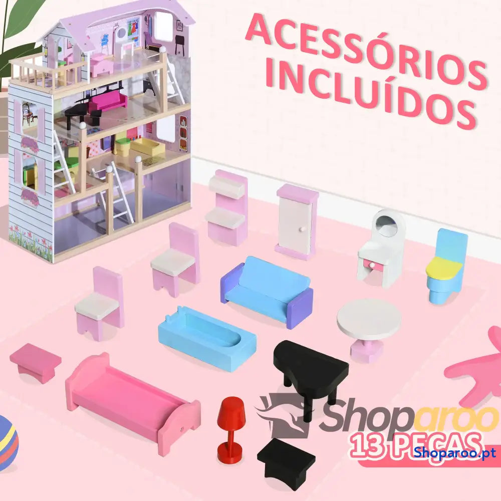 Casa de Bonecas com Móveis 4 Andares e 13 Acessórios Rosa