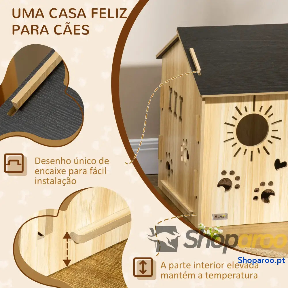 Casa de madeira para cães com porta e desenhos modernos 69x50x58,5cm