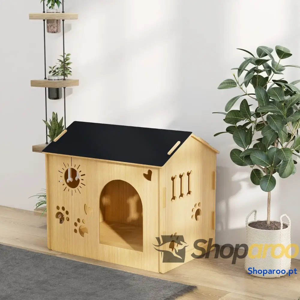 Casa de madeira para cães com porta e desenhos modernos 69x50x58,5cm