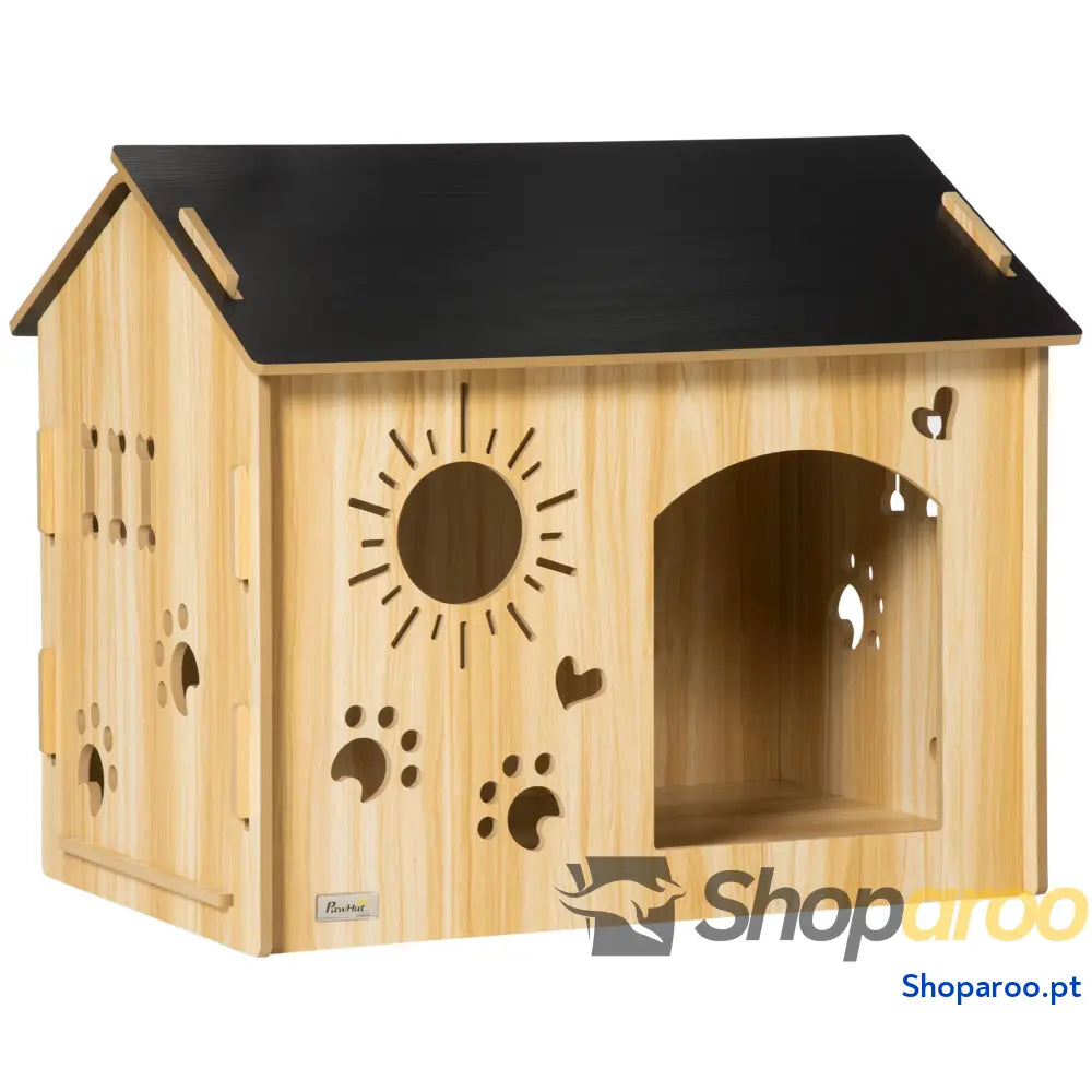 Casa de madeira para cães com porta e desenhos modernos 69x50x58,5cm