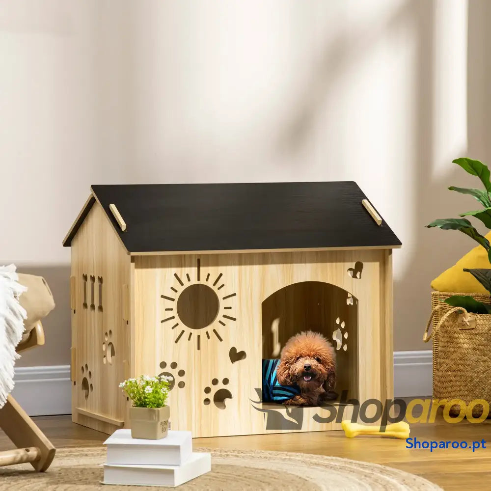 Casa de madeira para cães com porta e desenhos modernos 69x50x58,5cm