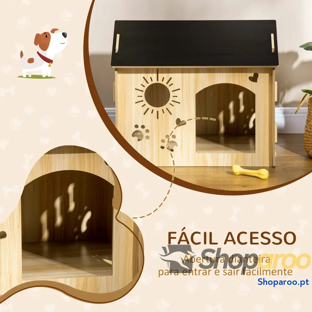 Casa de madeira para cães com porta e desenhos modernos 69x50x58,5cm