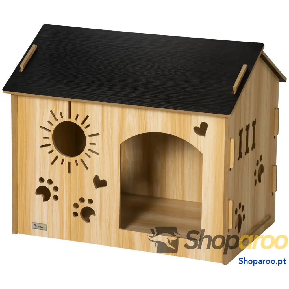 Casa de madeira para cães com porta e desenhos modernos 69x50x58,5cm