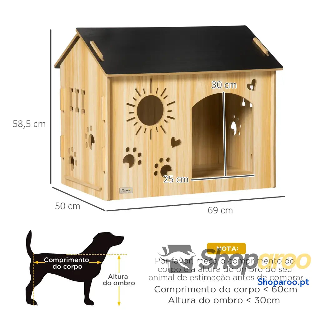Casa de madeira para cães com porta e desenhos modernos 69x50x58,5cm