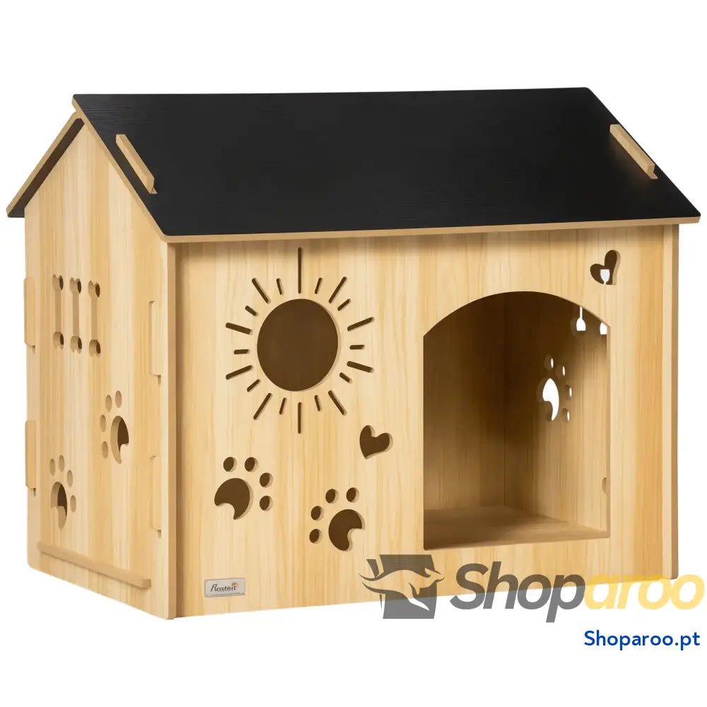 Casa de madeira para cães com porta e desenhos modernos 69x50x58,5cm