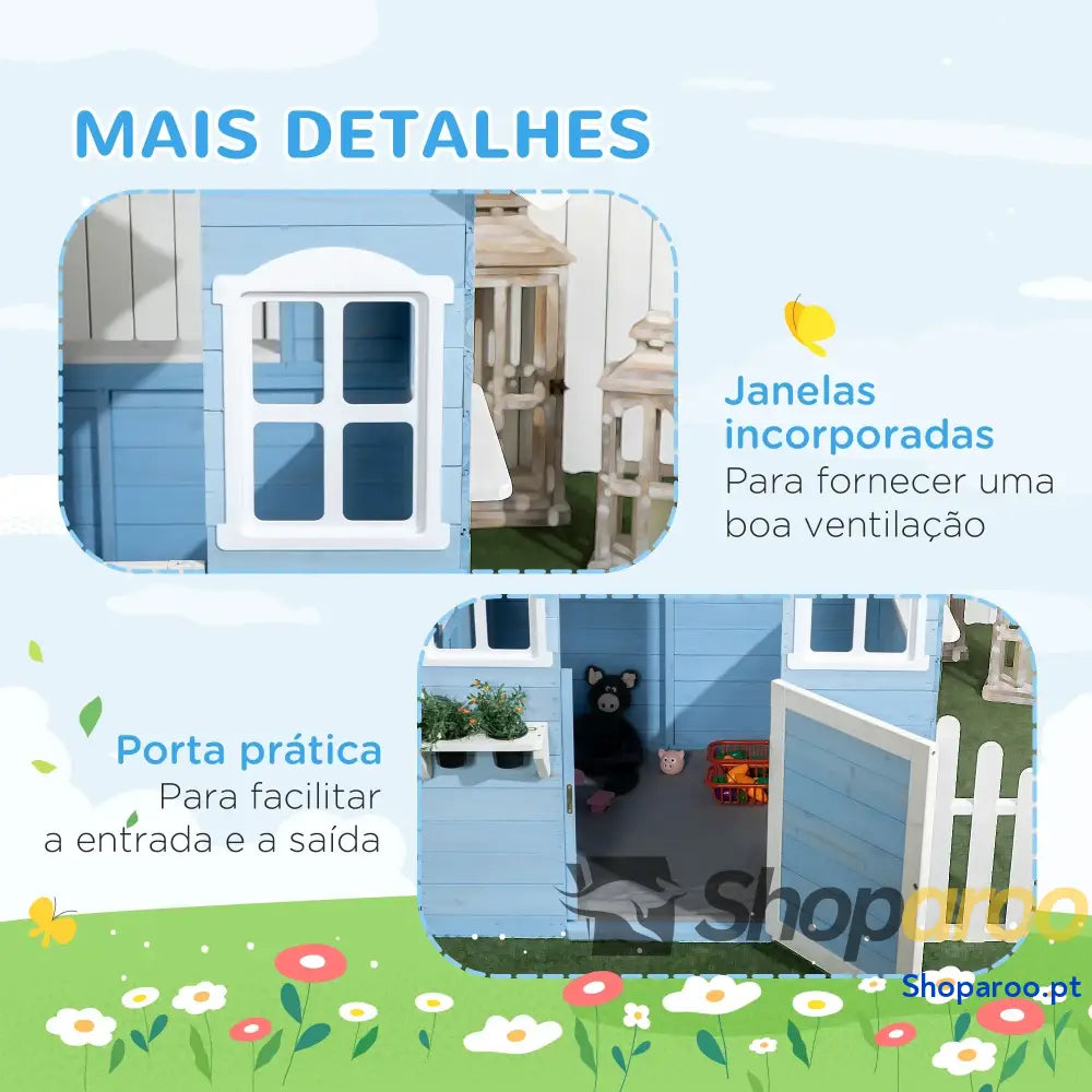 Casa de madeira para crianças azul com porta e janelas exterior