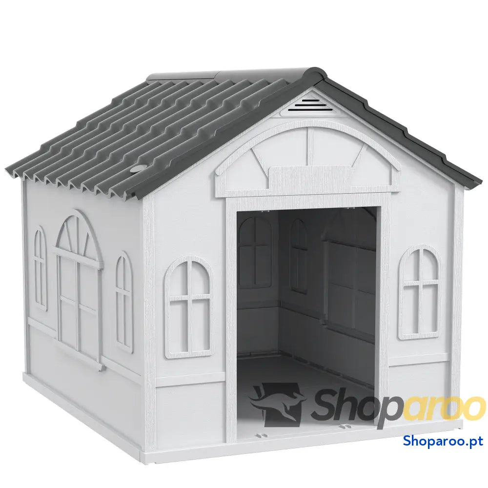Casa para Cães 84,2x98,2x82 cm com Janelas e Teto Imitação de Telhas Casota Cinza