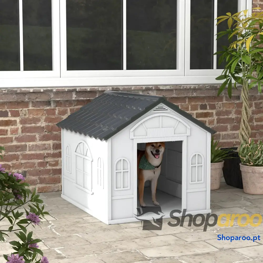 Casa para Cães 84,2x98,2x82 cm com Janelas e Teto Imitação de Telhas Casota Cinza