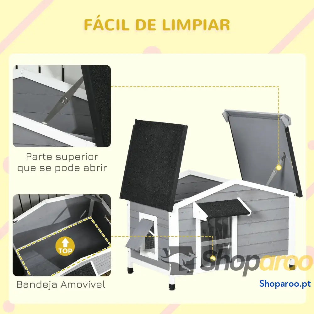 Casa para Cães de Madeira Animais Estimação com Teto Asfáltico 2 Janelas Porta Cortina 97x72x65 cm Cinza