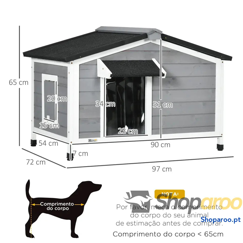 Casa para Cães de Madeira Animais Estimação com Teto Asfáltico 2 Janelas Porta Cortina 97x72x65 cm Cinza