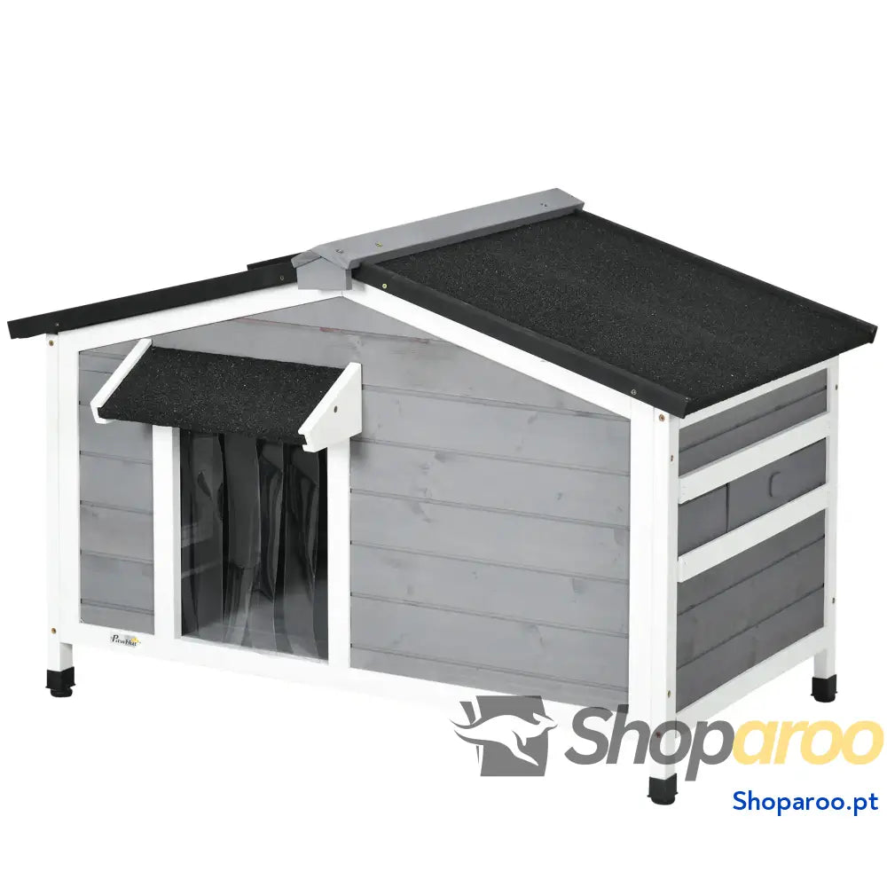Casa para Cães de Madeira Animais Estimação com Teto Asfáltico 2 Janelas Porta Cortina 97x72x65 cm Cinza