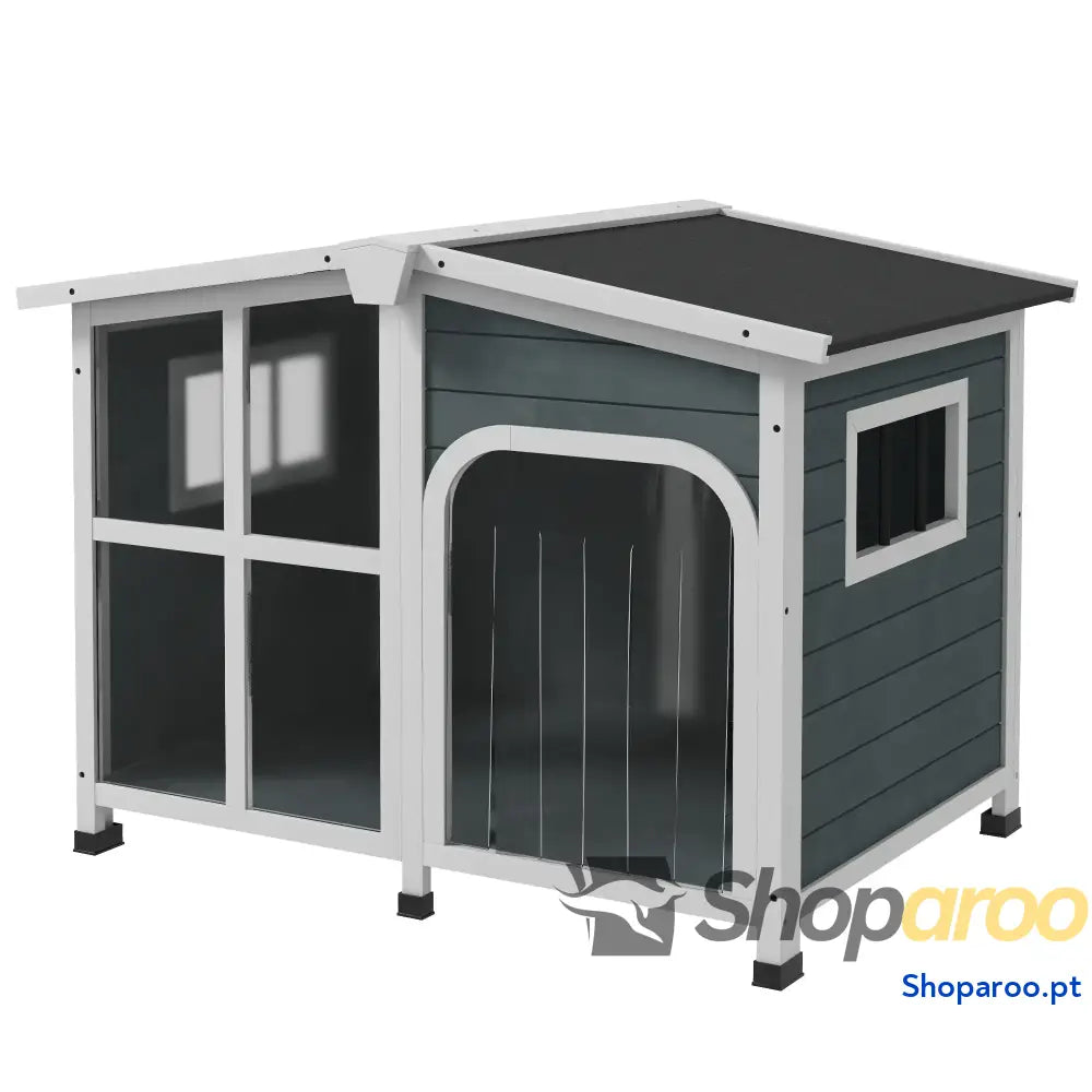 Casa para Cães de Madeira com Teto Abatível Porta Cortina e Fundo Amovível 101x66,5x70,5cm Cinza Escuro