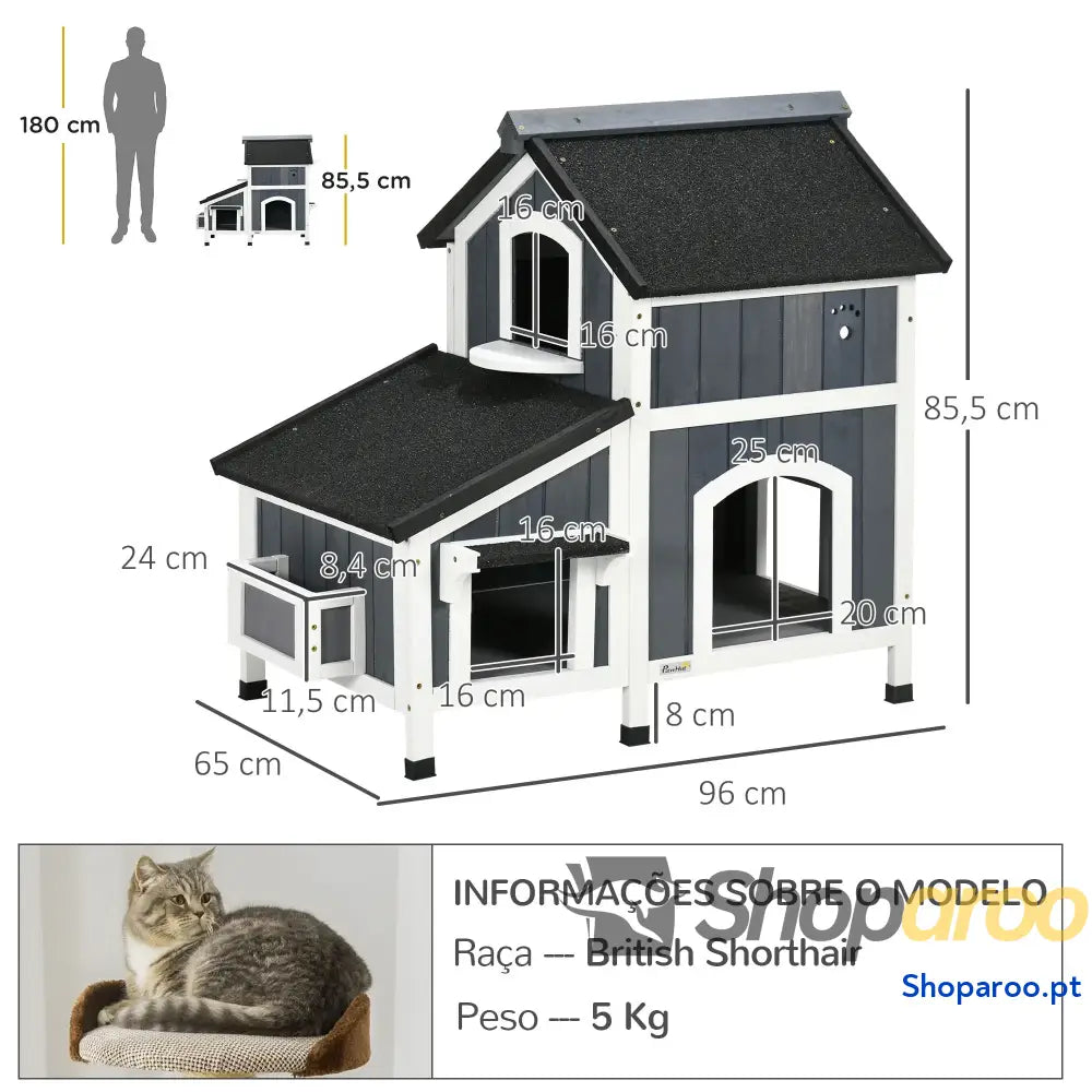 Casa para Gatos de Madeira com Suporte Flores 2 Níveis e Teto Asfáltico 96x65x85,5 cm Cinza
