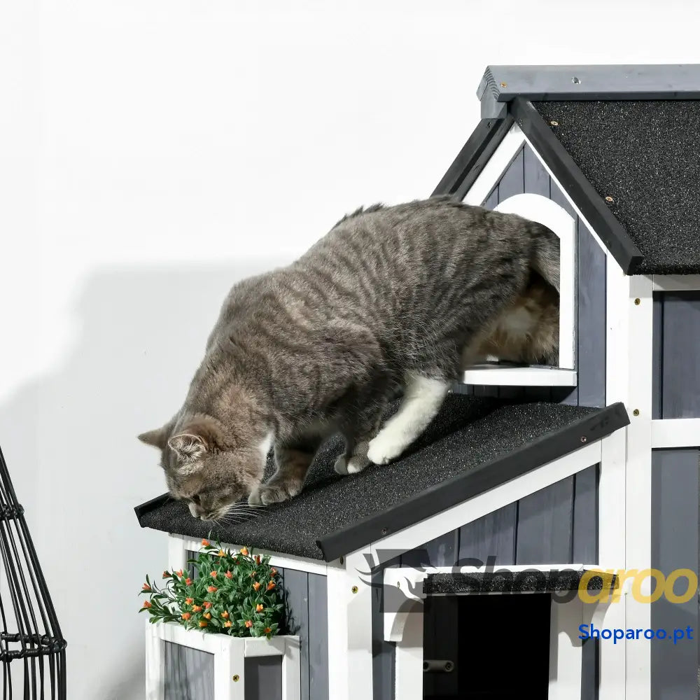 Casa para Gatos de Madeira com Suporte Flores 2 Níveis e Teto Asfáltico 96x65x85,5 cm Cinza