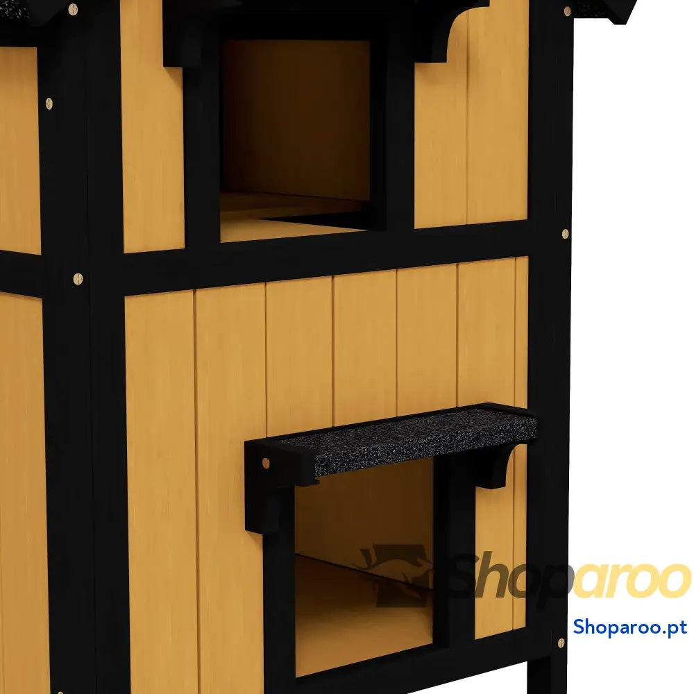 Casa para Gatos de Madeira com Suporte Flores 2 Níveis e Teto Asfáltico 96x65x85,5 cm Cinza