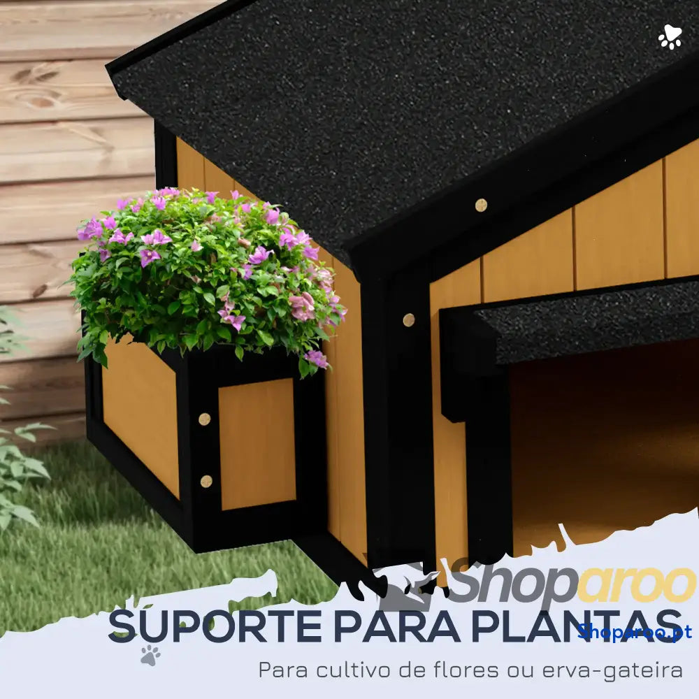 Casa para Gatos de Madeira com Suporte Flores 2 Níveis e Teto Asfáltico 96x65x85,5 cm Cinza
