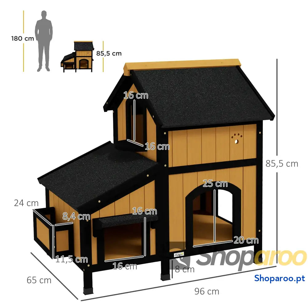 Casa para Gatos de Madeira com Suporte Flores 2 Níveis e Teto Asfáltico 96x65x85,5 cm Cinza