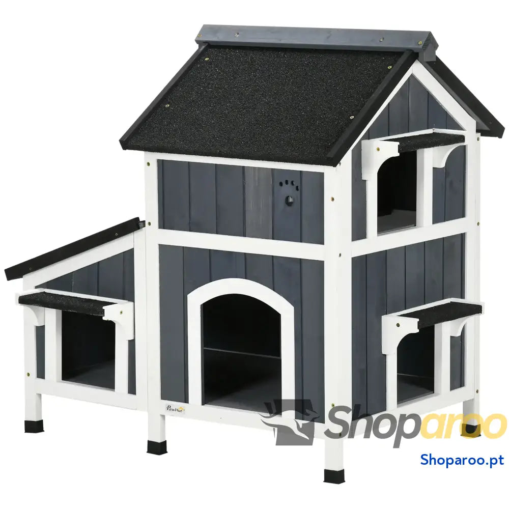 Casa para Gatos de Madeira com Suporte Flores 2 Níveis e Teto Asfáltico 96x65x85,5 cm Cinza