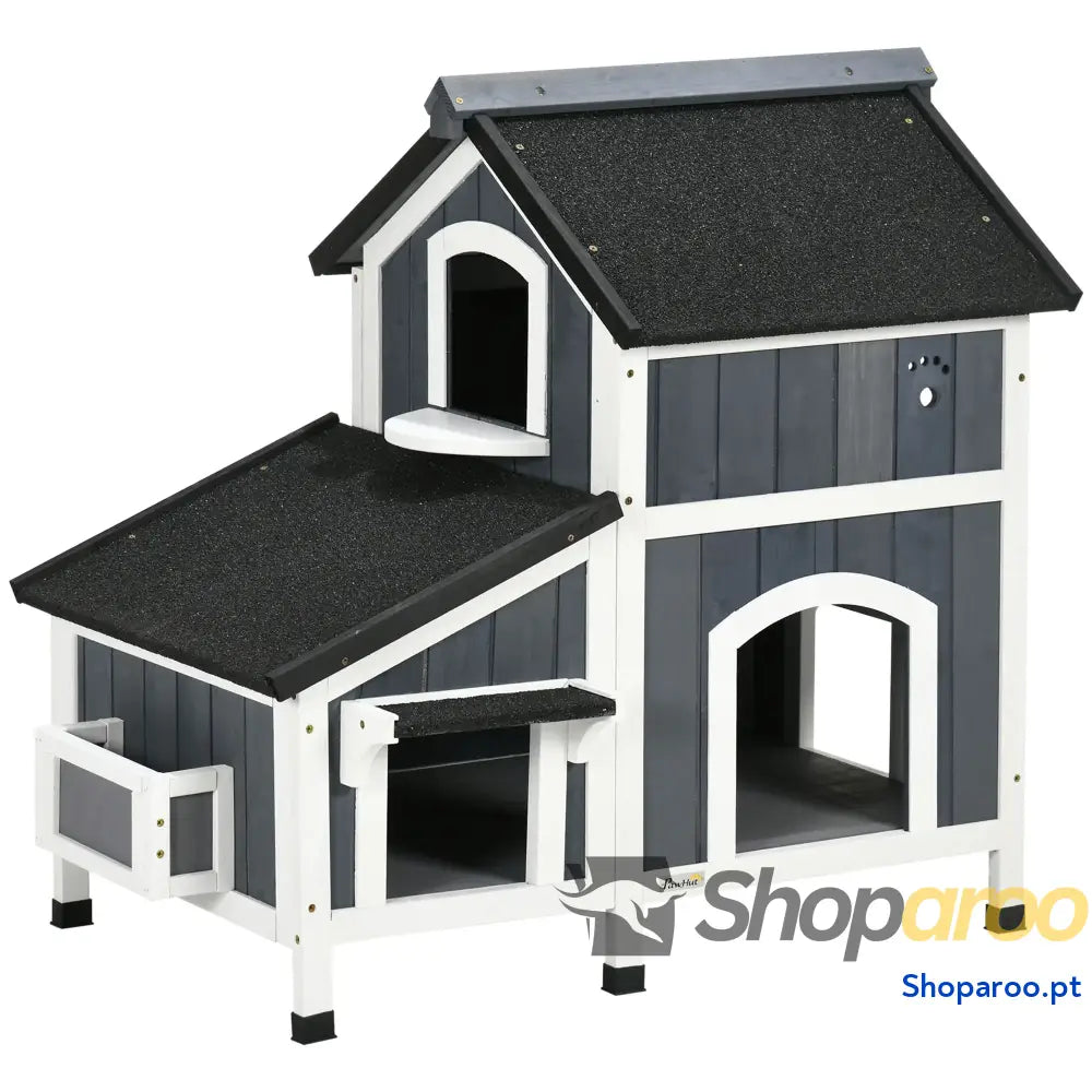 Casa para Gatos de Madeira com Suporte Flores 2 Níveis e Teto Asfáltico 96x65x85,5 cm Cinza