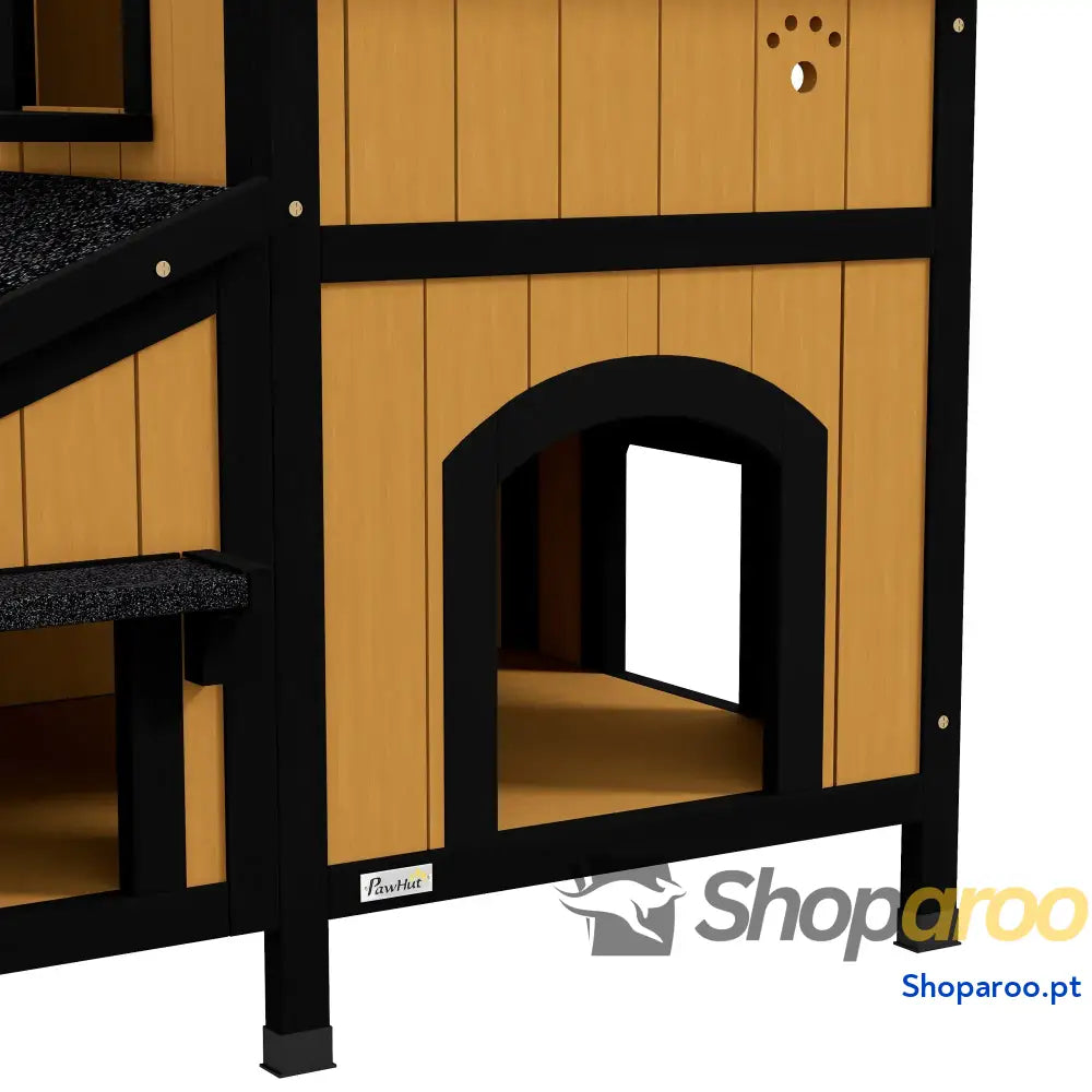 Casa para Gatos de Madeira com Suporte Flores 2 Níveis e Teto Asfáltico 96x65x85,5 cm Cinza
