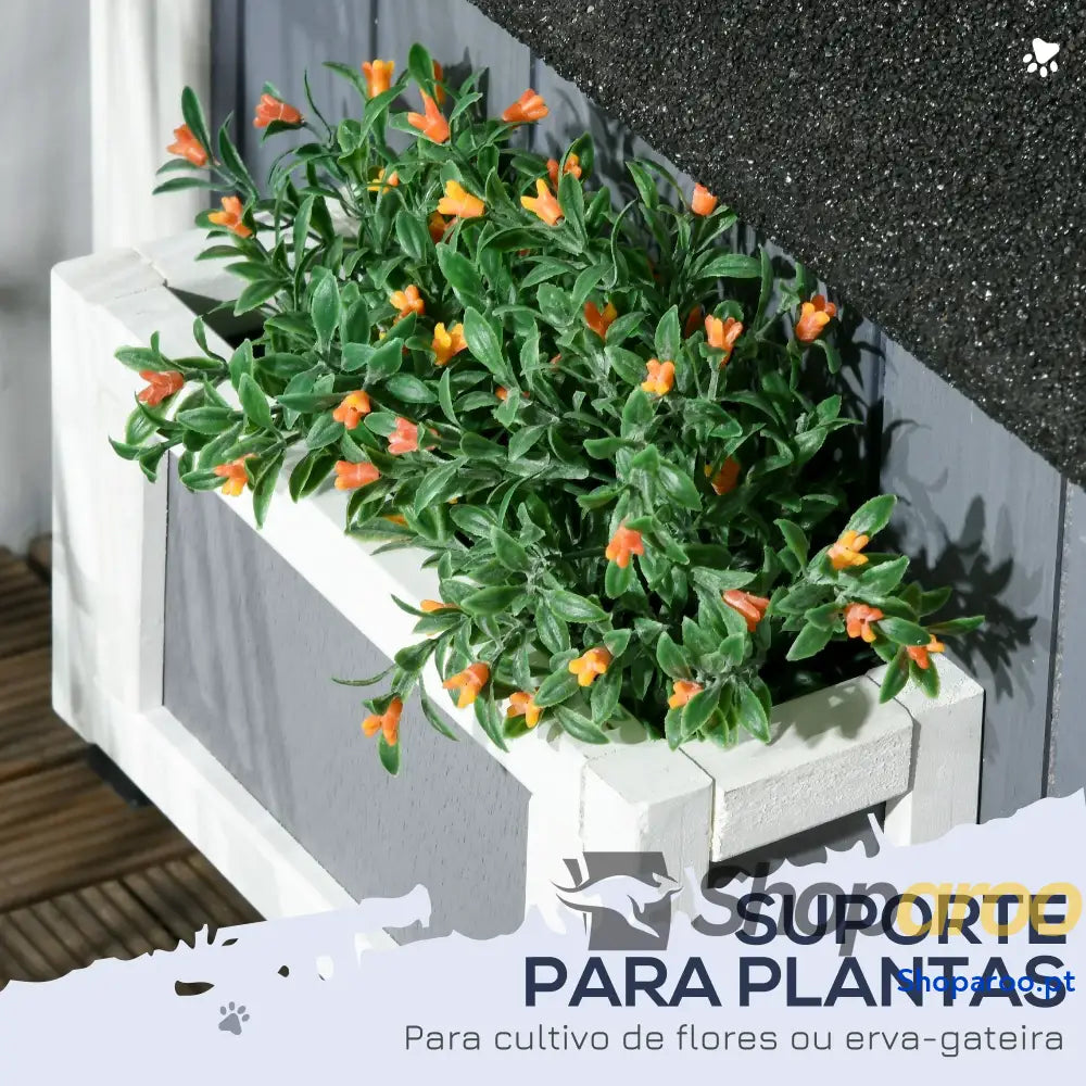 Casa para Gatos de Madeira com Suporte Flores 2 Níveis e Teto Asfáltico 96x65x85,5 cm Cinza