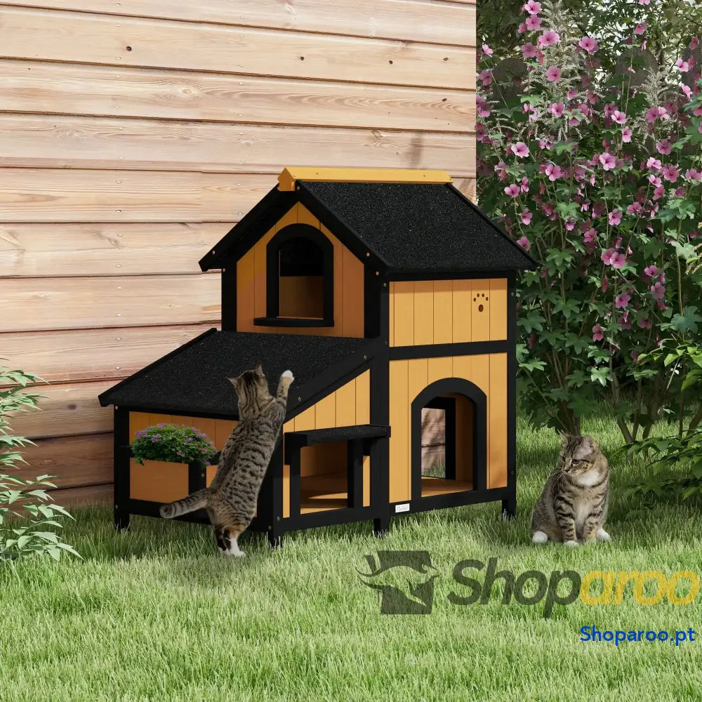 Casa para Gatos de Madeira com Suporte Flores 2 Níveis e Teto Asfáltico 96x65x85,5 cm Cinza
