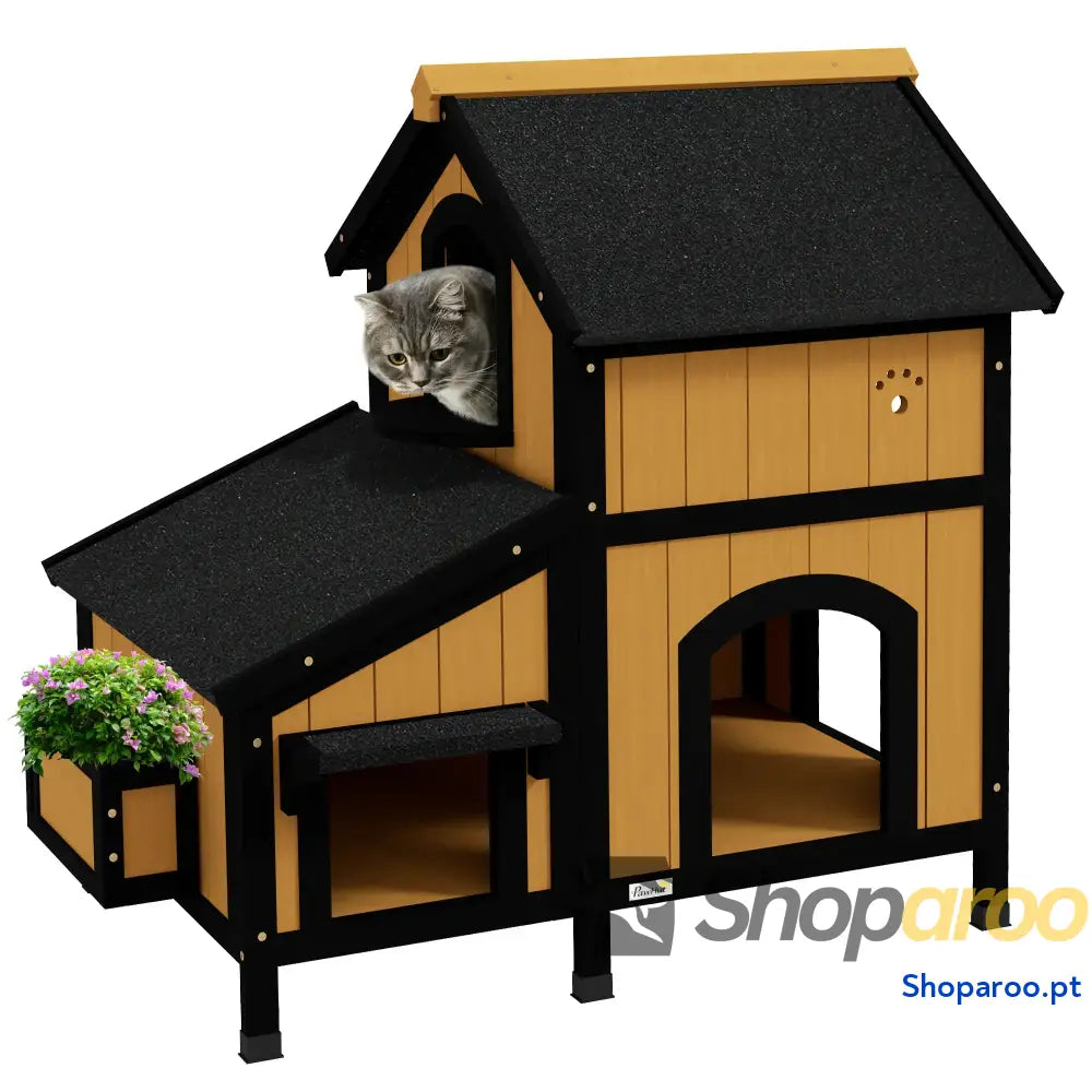 Casa para Gatos de Madeira com Suporte Flores 2 Níveis e Teto Asfáltico 96x65x85,5 cm Cinza