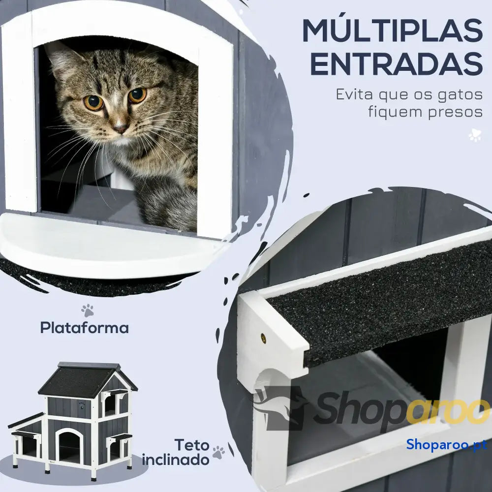 Casa para Gatos de Madeira com Suporte Flores 2 Níveis e Teto Asfáltico 96x65x85,5 cm Cinza