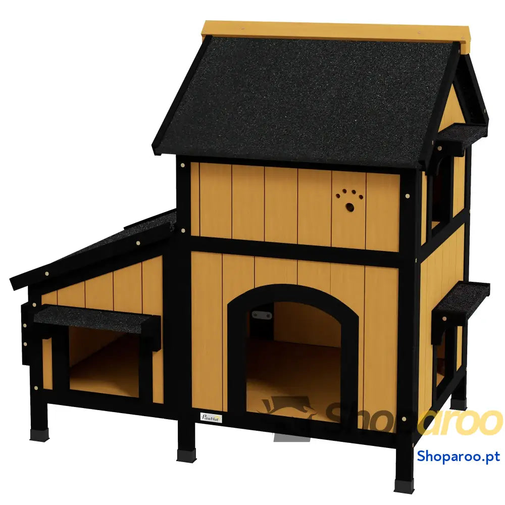Casa para Gatos de Madeira com Suporte Flores 2 Níveis e Teto Asfáltico 96x65x85,5 cm Cinza
