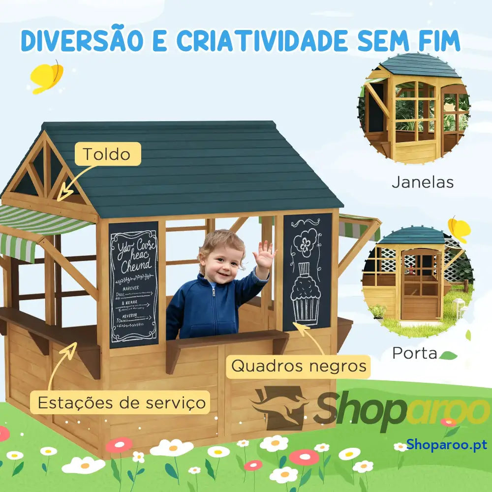 Casinha Infantil de Madeira Dobrável com Janelas e Ardósias