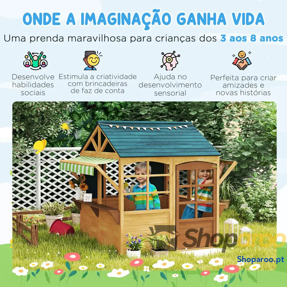 Casinha Infantil de Madeira Dobrável com Janelas e Ardósias