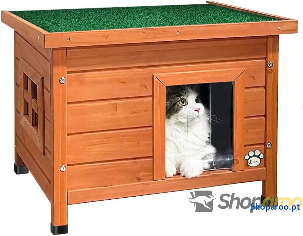 Casota pequena de madeira para gatos com janela e teto asfáltico
