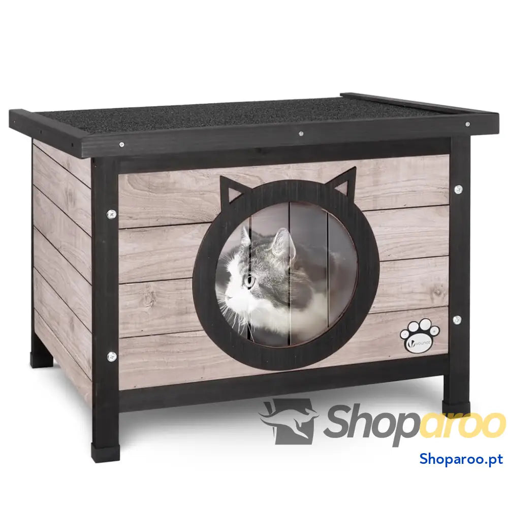 Casota pequena de madeira para gatos com janela e teto asfáltico