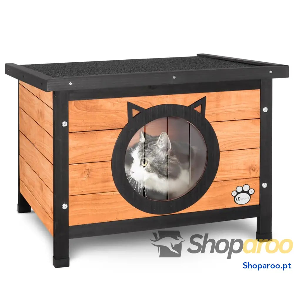 Casota pequena de madeira para gatos com janela e teto asfáltico