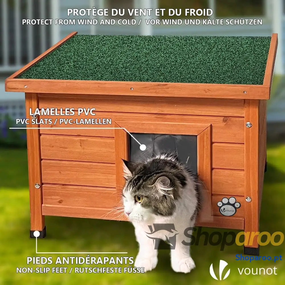 Casota pequena de madeira para gatos com janela e teto asfáltico