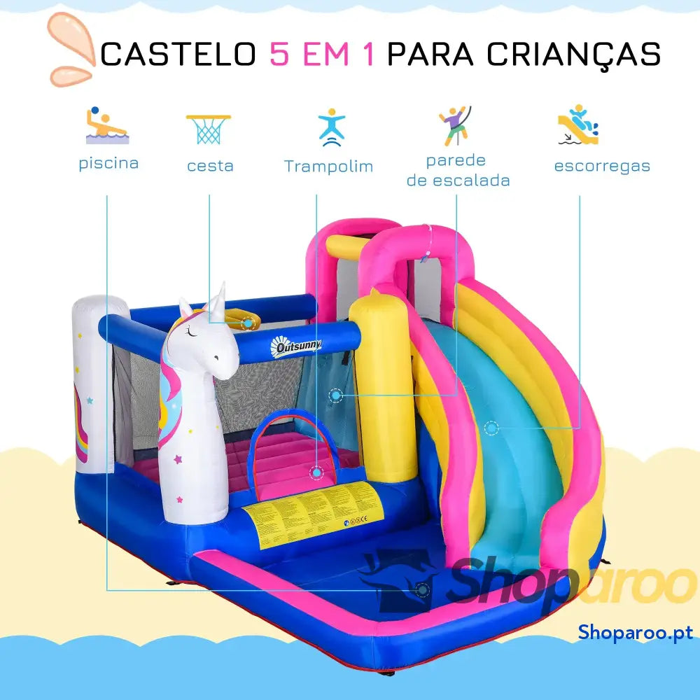 Castelo insuflável infantil com piscina e escorregador para crianças