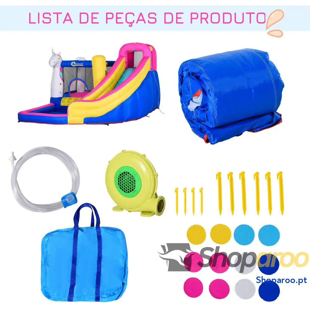 Castelo insuflável infantil com piscina e escorregador para crianças