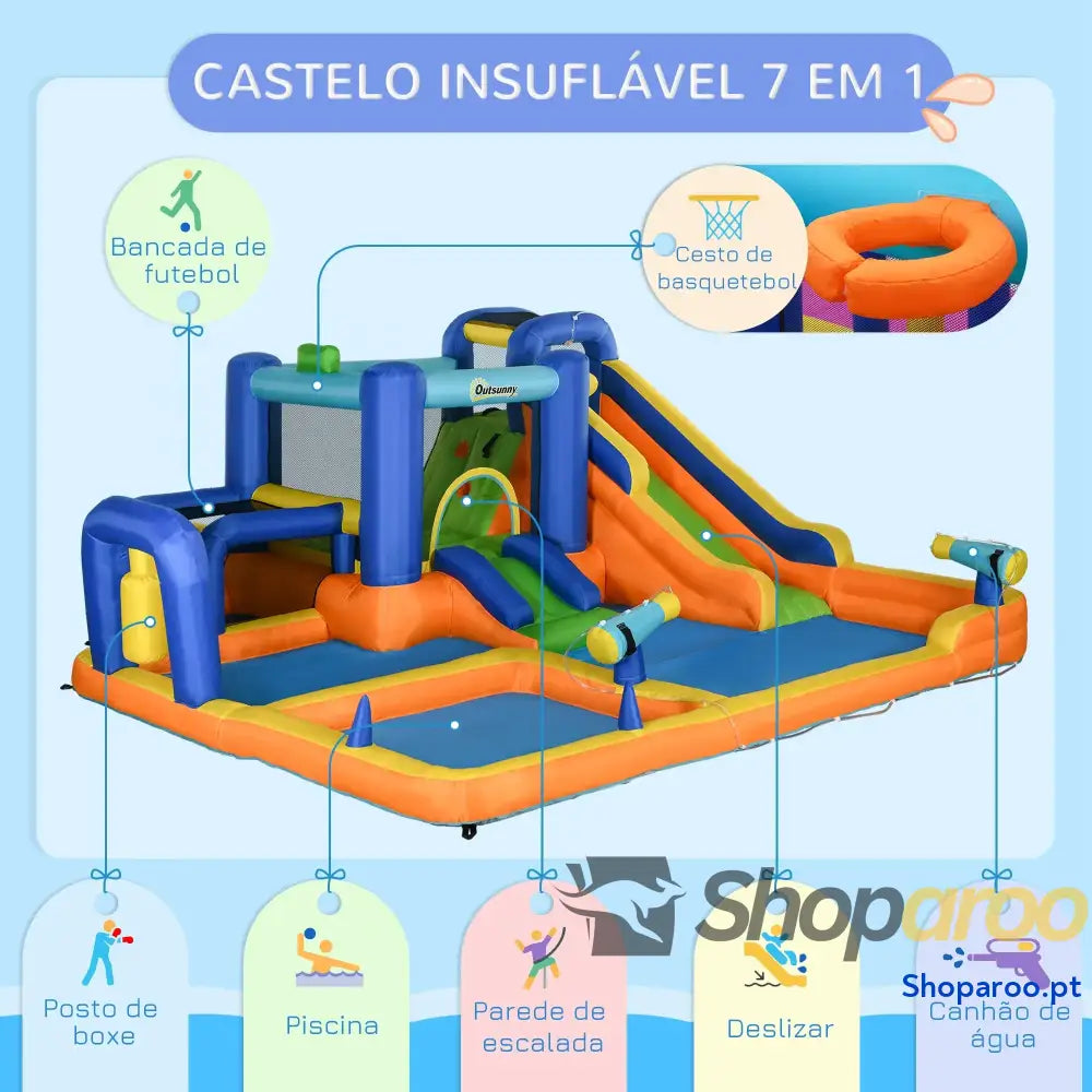 Castelo Insuflável Infantil 7 em 1 com Escorrega Piscina Insuflador e Bolsa de Transporte 430x420x200 cm Multicolorido